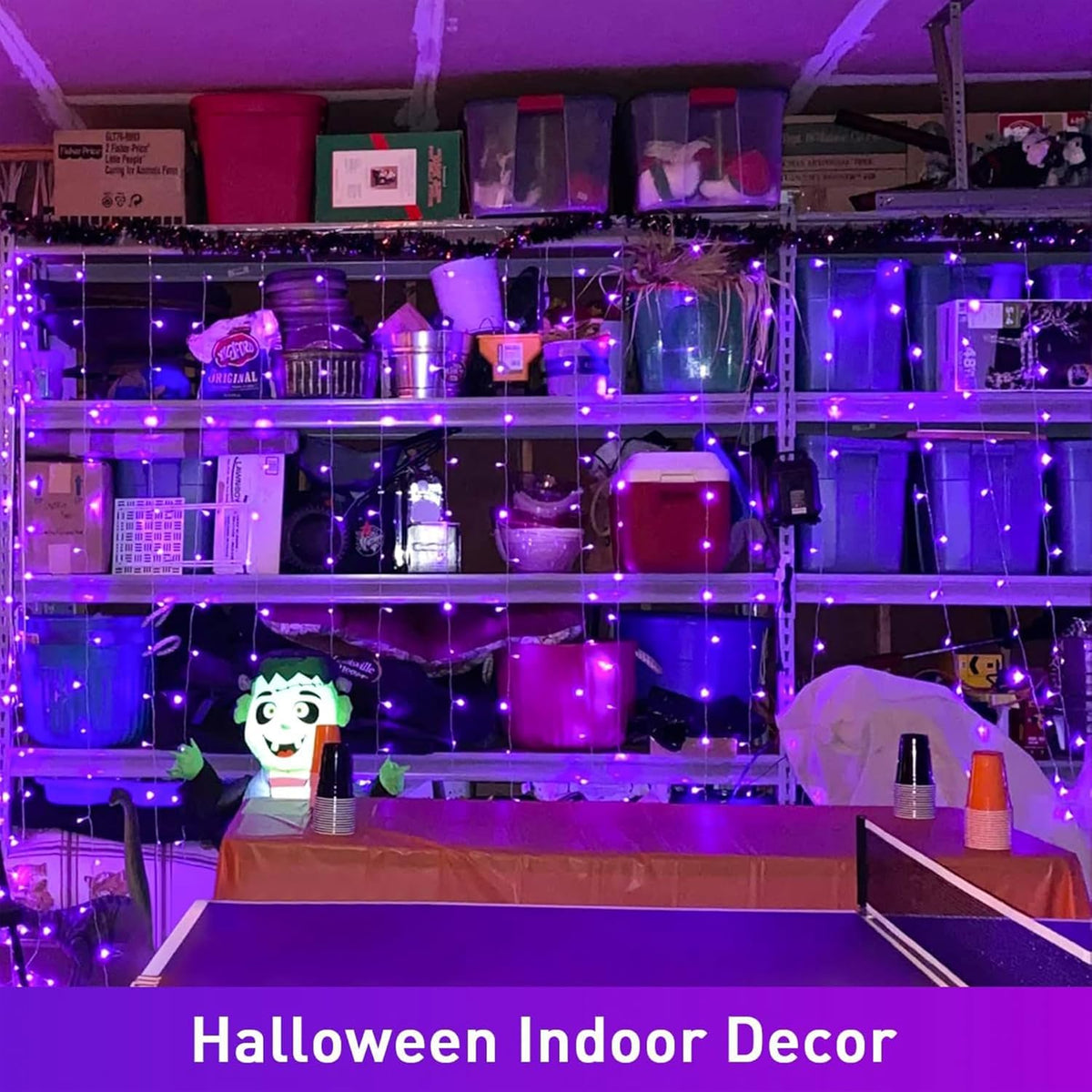 JMEXSUSS 300LED Purple Halloween Lights with Remote, Curtain Hanging Light Plug in, 8 Modes Purple