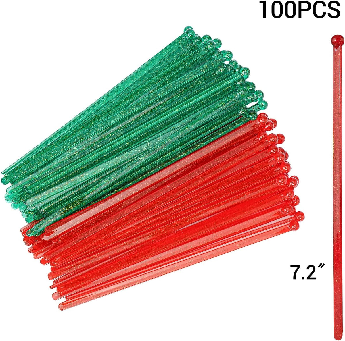 100-PCS Christmas Green and Red Glitter Plastic Swizzle Sticks, Crystal Cake Pops, Cocktail Coffee