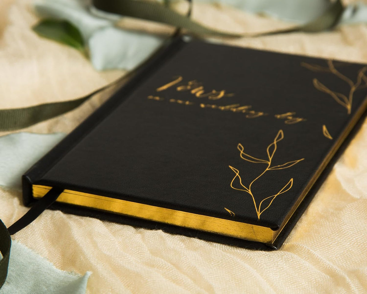 Vows On Our Wedding Day Vow Books (Set of 2) - Black & White Pocket Sized Foil Embossed Foliage