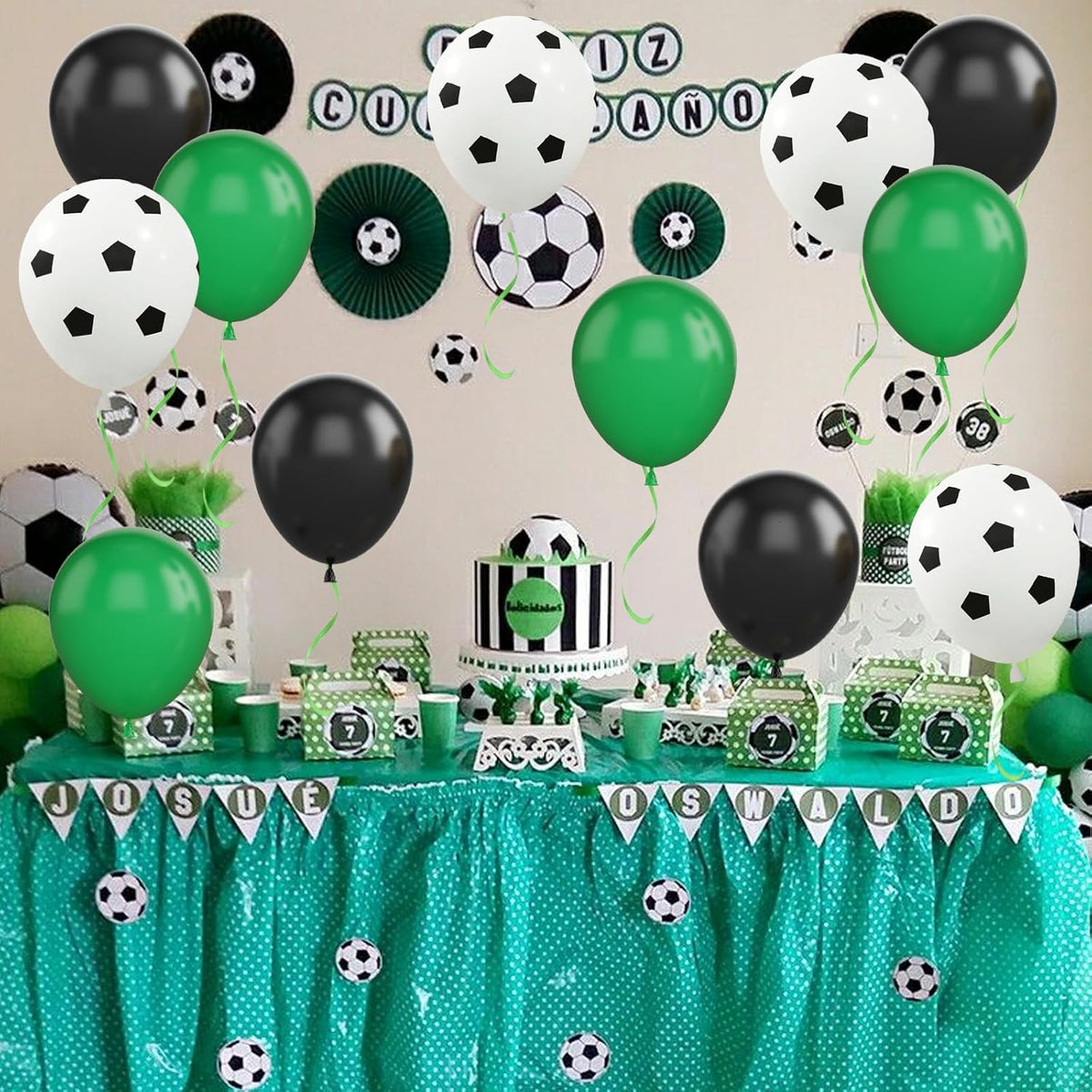 Football Balloons, 12 Inch Green Black White Latex Soccer Printed Balloons With Ribbons for Boys