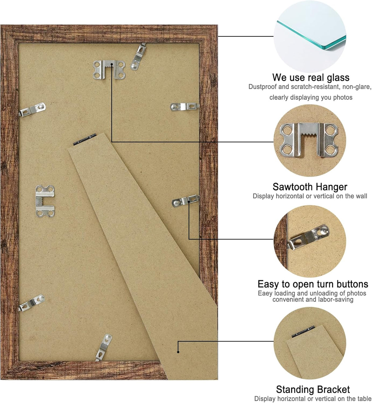 8x14 Picture Frame Set of 2, Rustic Brown Wood Frame with Glass Collage Frame, Display Pictures