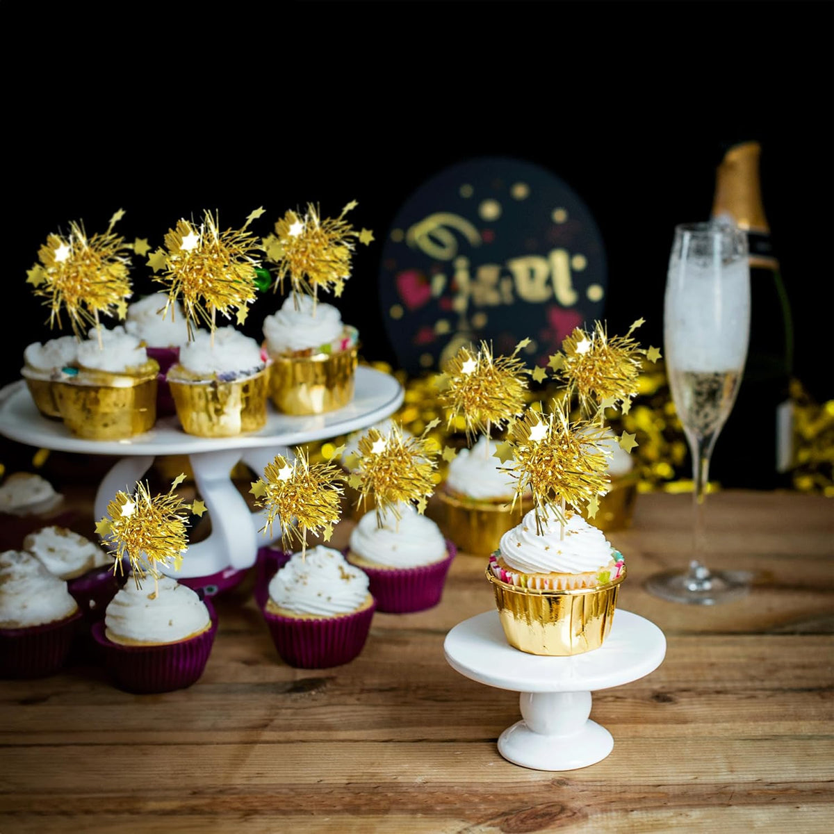 Gyufise 30Pcs Star Foil Firework Cupcake Toppers Sparkle Tinsel Cake Toppers Tinsel Drink Cake