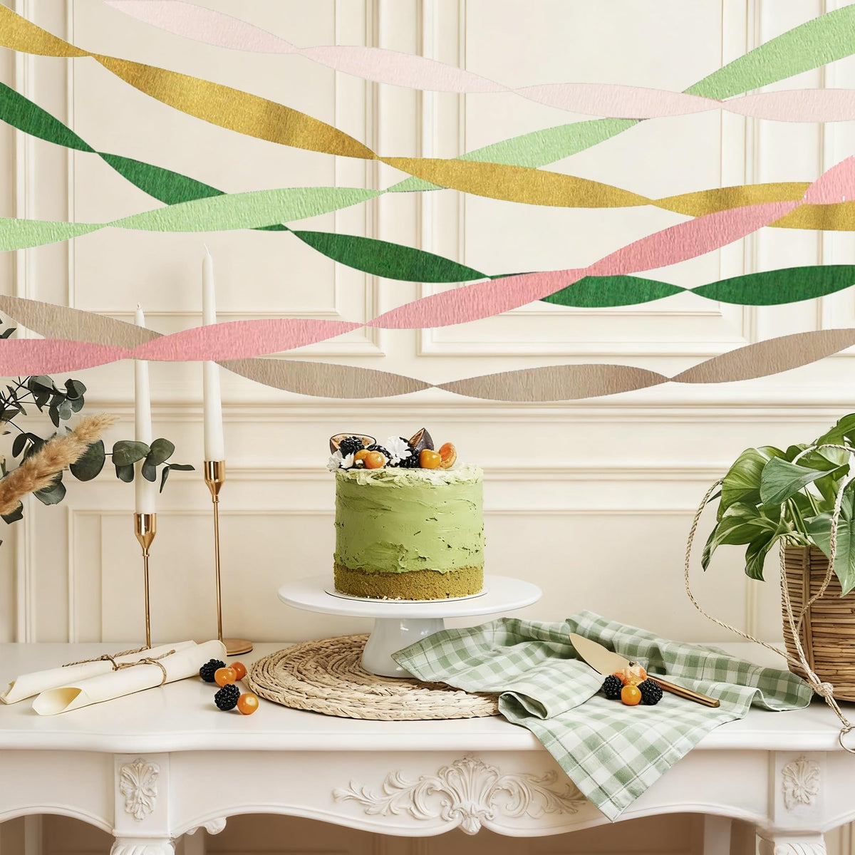 Crepe Paper Streamers Party Decorations - 6 Rolls Grass Green Gold Pink Olive Green Beige Khaki