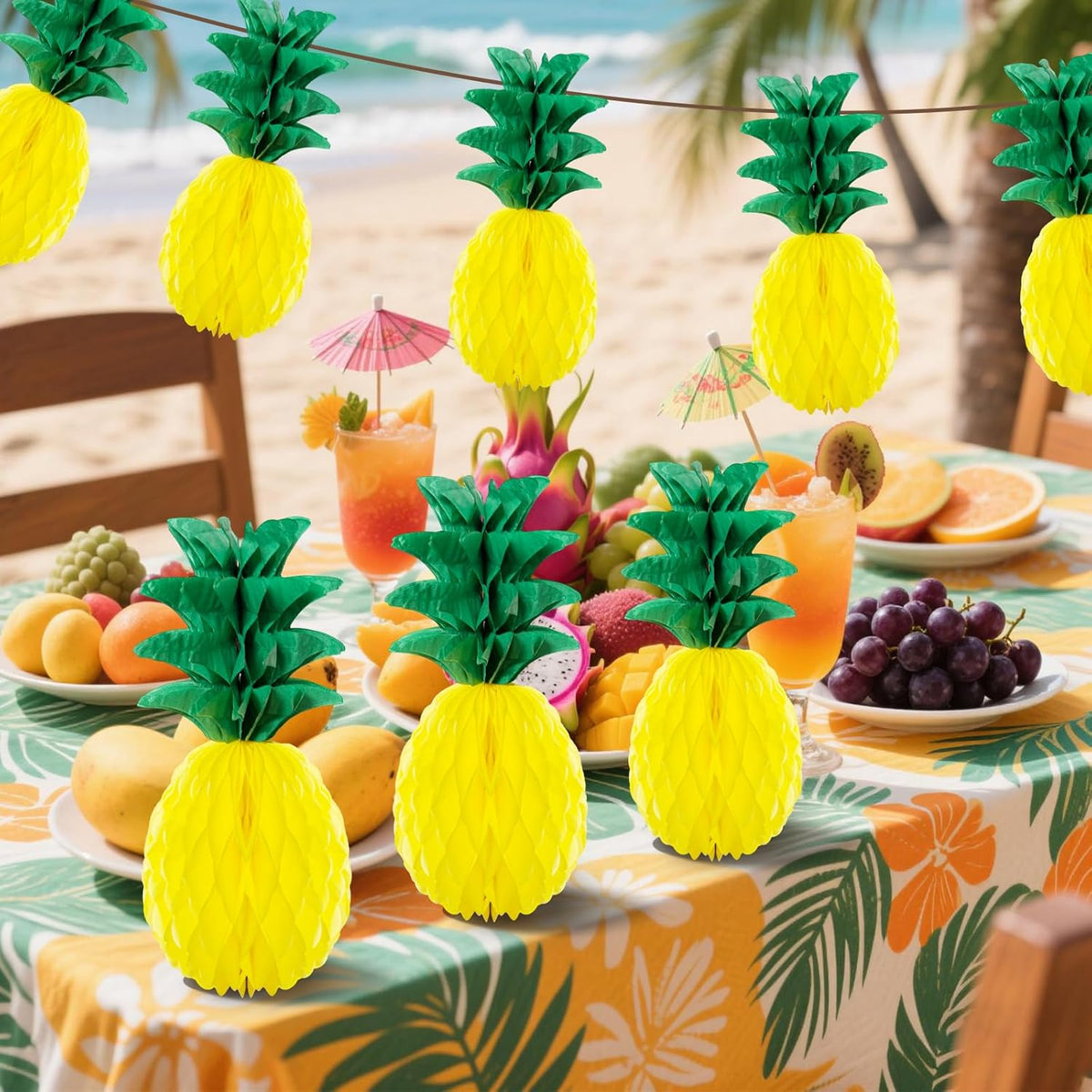 6 Pack 14 Inch Pineapple Honeycomb Decorations, Standing Tissue Paper Centerpieces, 3D Tropical