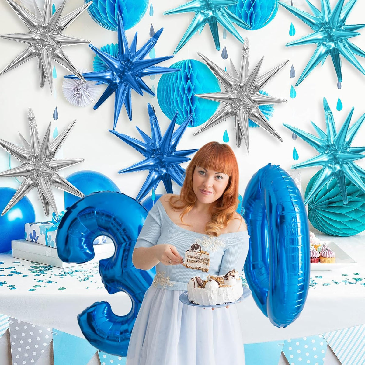 Blue Silver Star Balloons,9Pcs 22Inch Blue Silver Explosion Spike Cone Helium Polyester Film Star