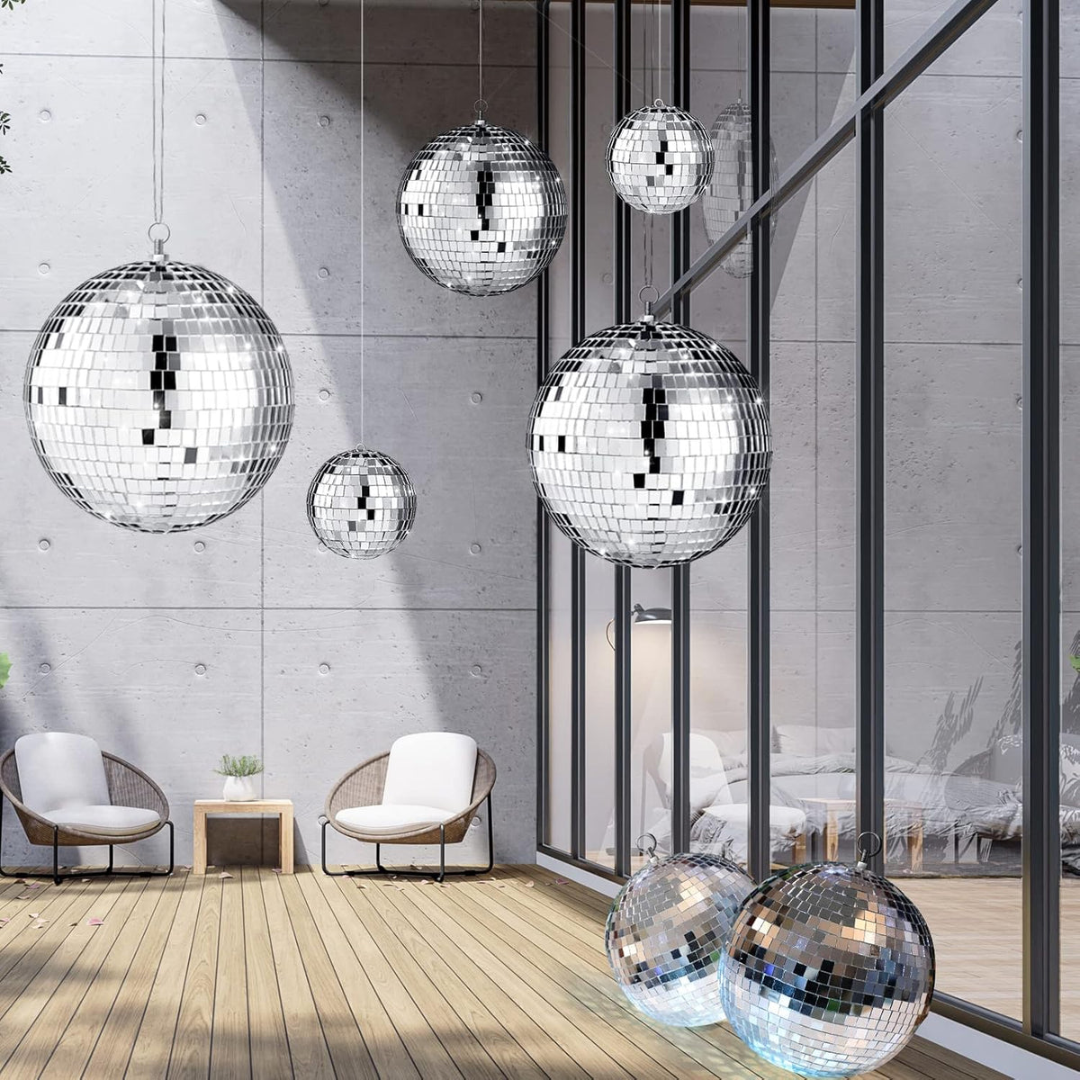 Haull 8 Pcs Large Disco Ball Set Silver Mirror Disco Reflective Ball with Hanging Ring Party