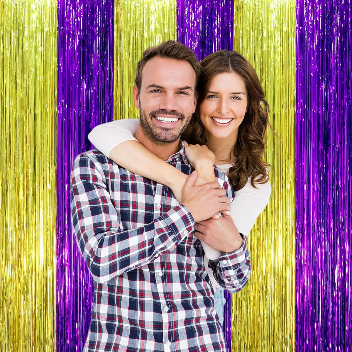 2 Pack Purple and Gold Foil Fringe Backdrop Curtains, Tinsel Streamers Party Decorations, Fringe