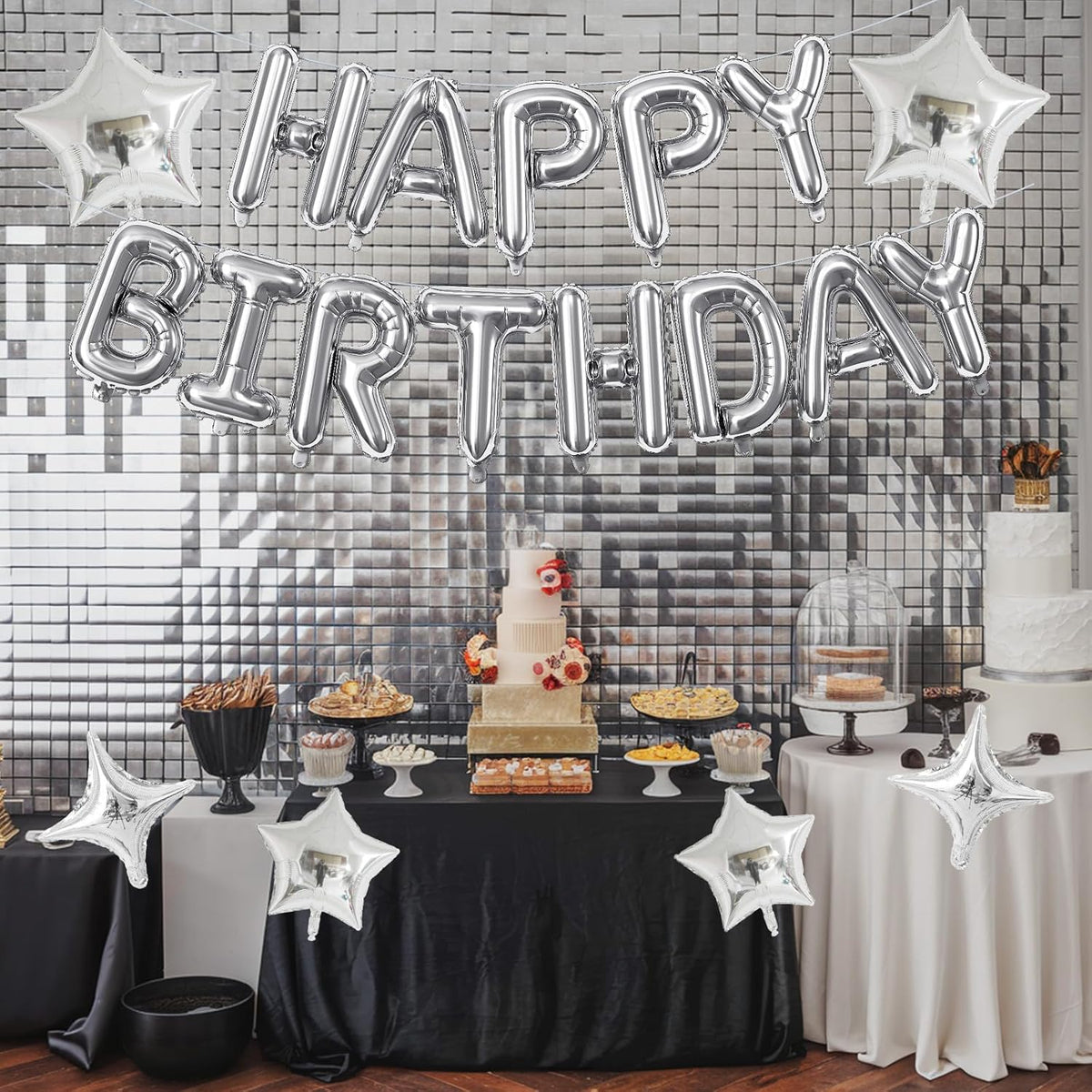Silver Happy Birthday Balloon Banner, 16 Inch Mylar Foil Letter Balloons, Reusable Birthday