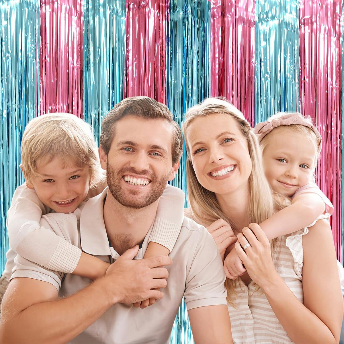 2 Pack Blue and Pink Foil Fringe Backdrop Curtains, Tinsel Streamers Mermaid Party Decorations