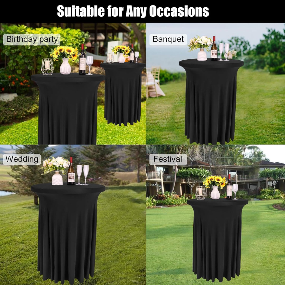 Fivenl 2 Pack Spandex Cocktail Table Skirt 32"x 43" Black Stretch Cocktail Table Cover, Washable