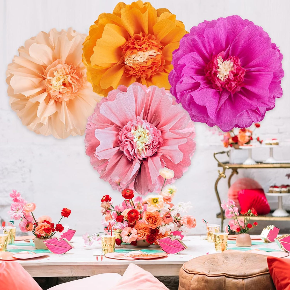 SUNBEAUTY 4 PCS 20" Hot Pink Orange Fall Birthday Party Decorations Giant Paper Flowers Large Crepe