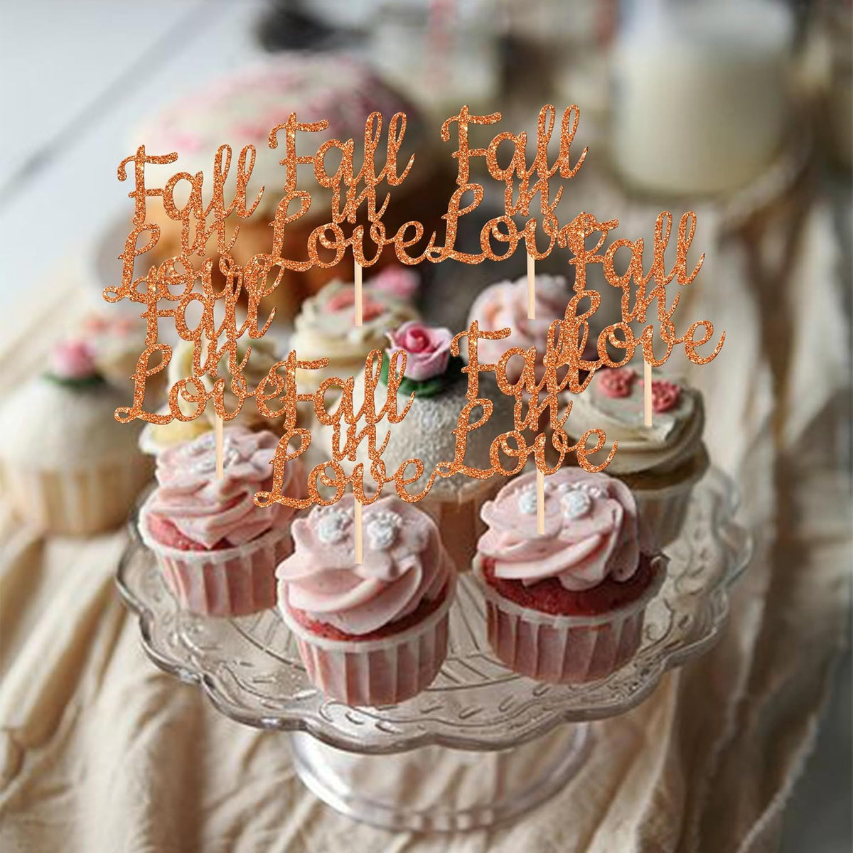24 PCS Fall in Love Cupcake Toppers Glitter Fall Theme Bridal Shower Cupcake Picks for Autumn