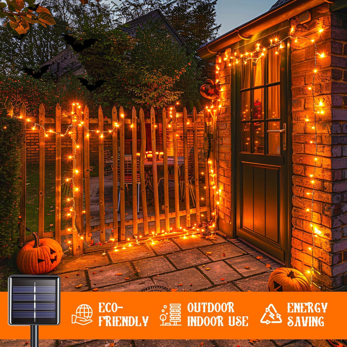 JMEXSUSS 2 Pack Orange Halloween Lights: 100 LED 33ft Solar Halloween Lights Outdoor Waterproof - 8