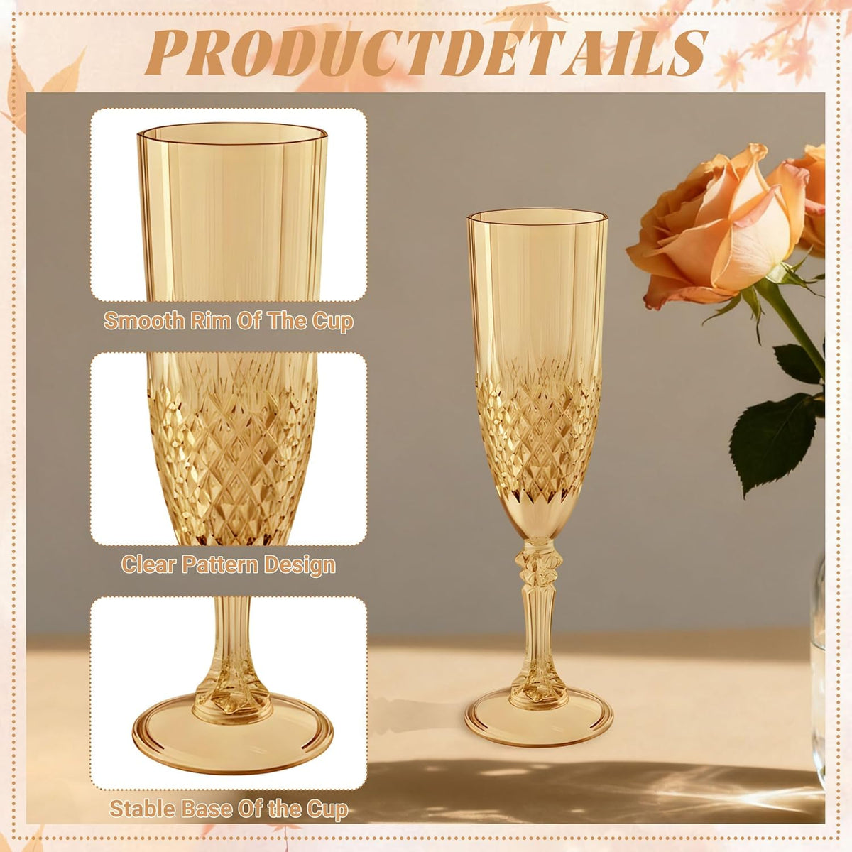 Plastic Champagne Flutes, 24PCS Gold Wine Glasses Goblets Cups Reusable Flute, for Weddings