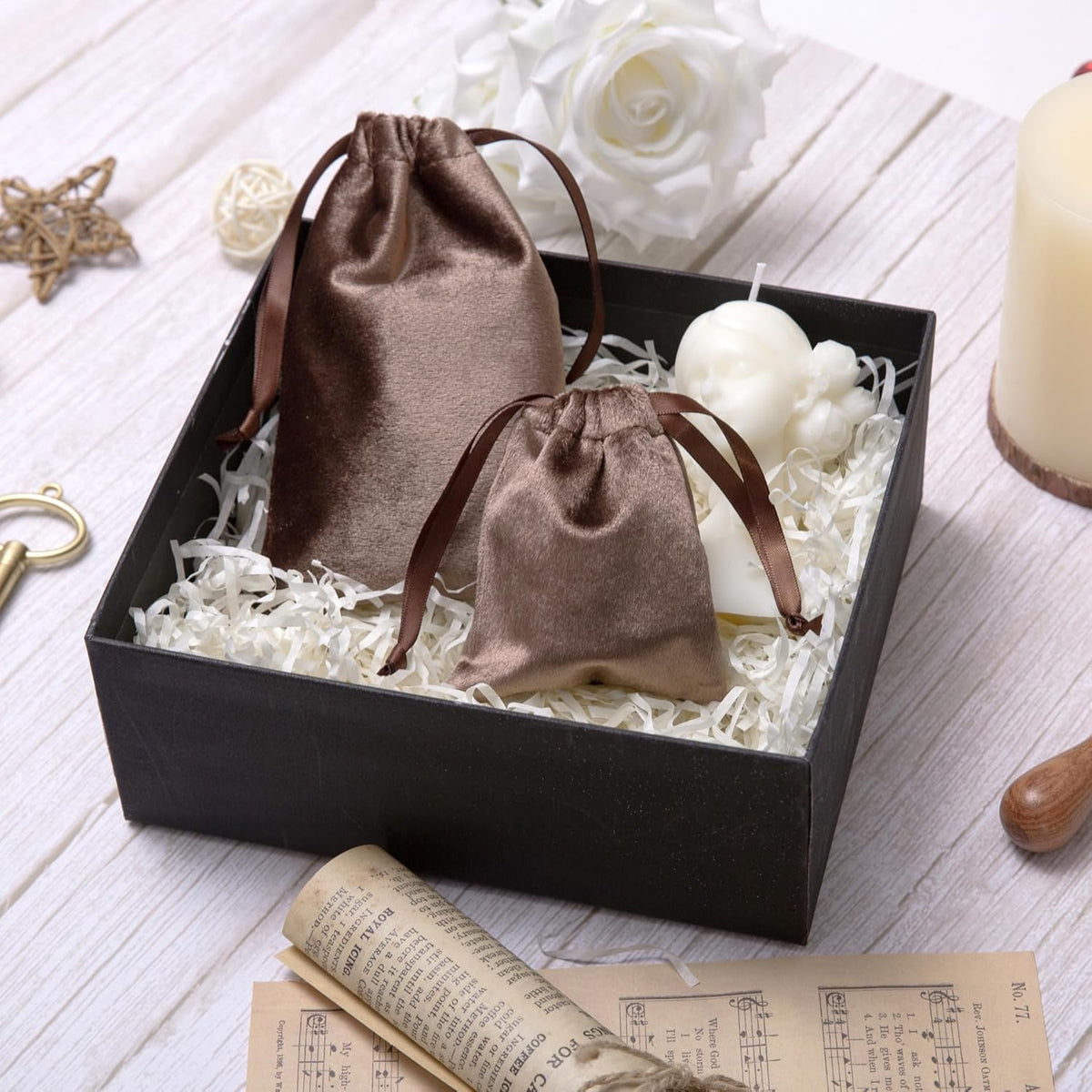 QIANF 12pcs Brown Velvet Drawstring Bags 3x4 inches Glossy Small Velvet Cloth Gift Bags Jewelry