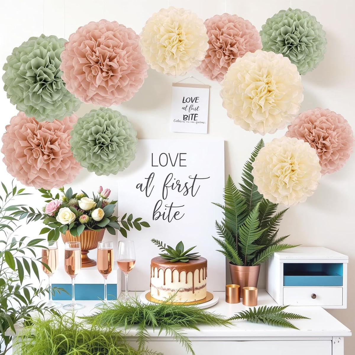 EASY JOY Sage Green Tissue Pom Poms Paper Flowers Decorations Natural Green Boho Hanging Décor for
