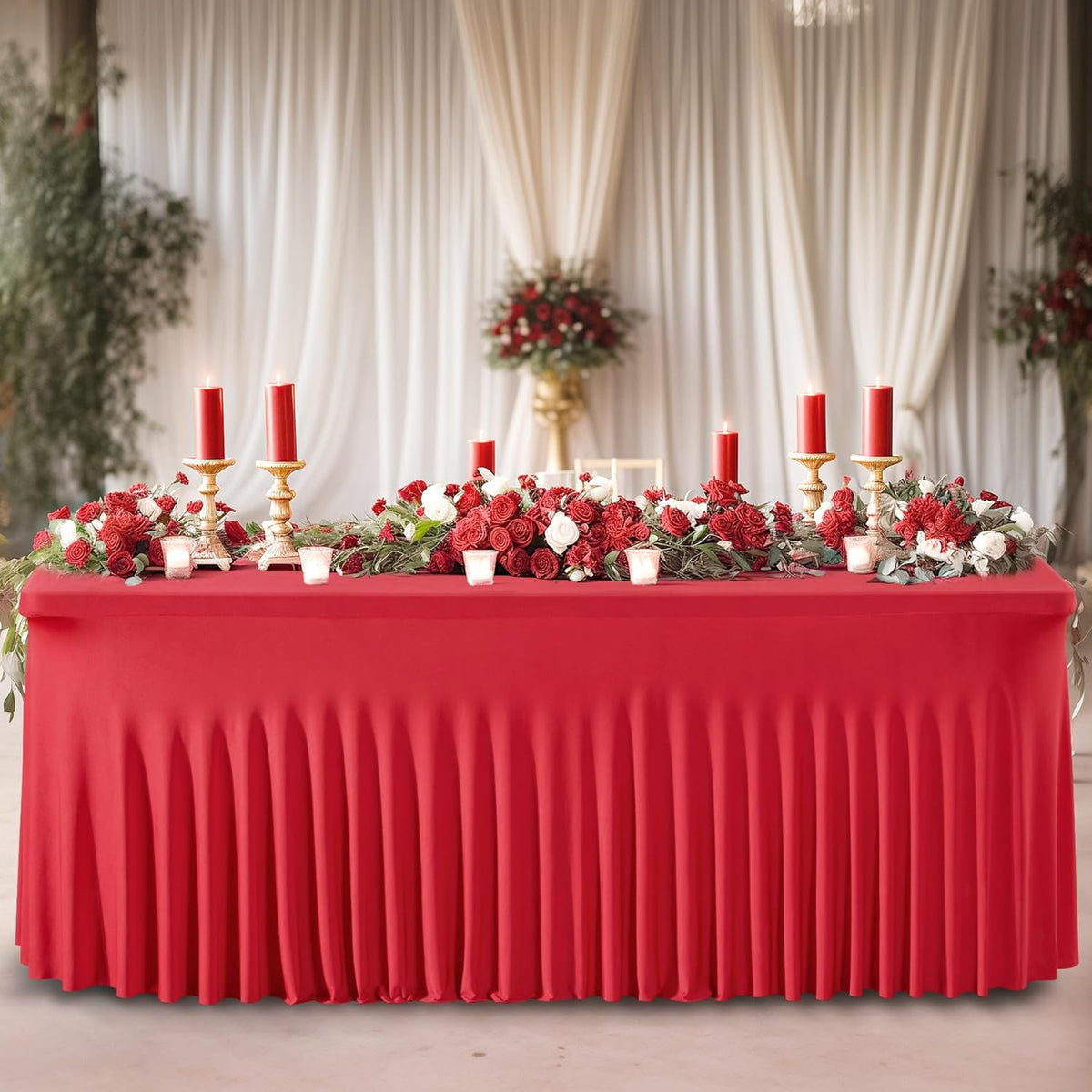 2 Pack Red Spandex Table Clothes for 8 Foot Rectangle Tables, 8FT Wrinkle Free Fitted Tablecloths