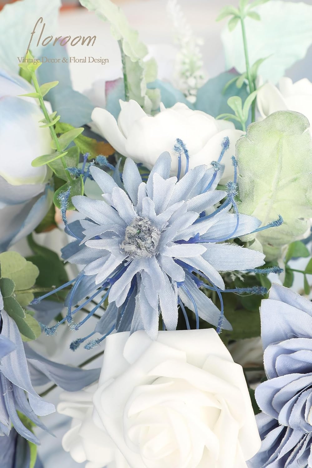 Floroom Dusty Blue Powder Blue Artificial Flowers Fake Roses Dahlias and Greenery Combo Box Set for