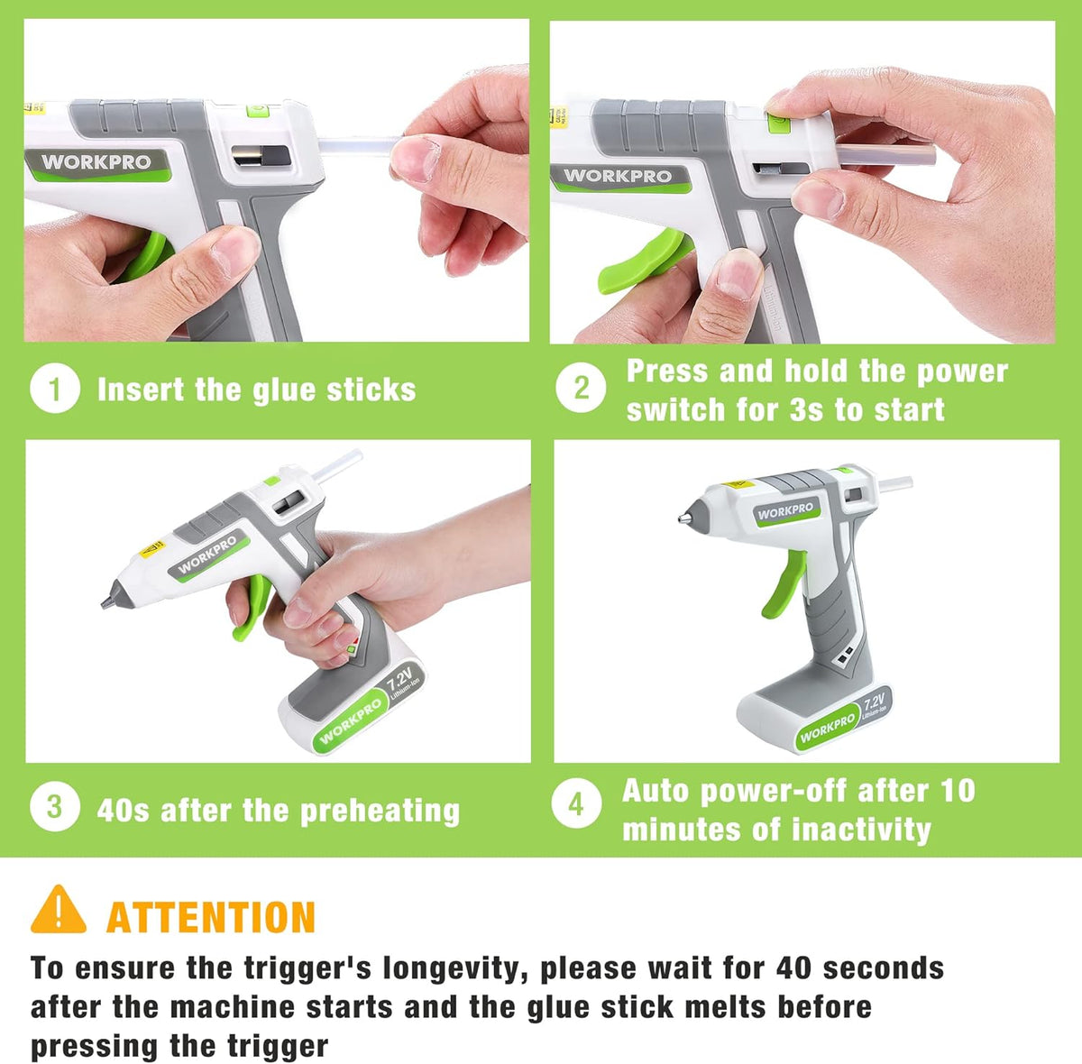 WORKPRO 7.2V Cordless Hot Melt Glue Gun, Rechargeable Fast Preheating Glue Gun Kit with 20 Pc