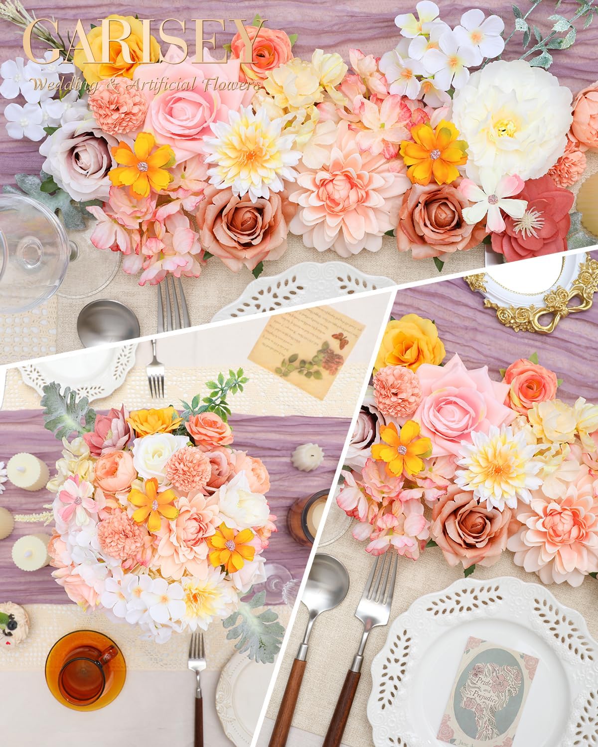 Artificial Flowers Combo, Mix Silk Flowers Roses, Peonies, Dahlias with Stems for DIY Wedding