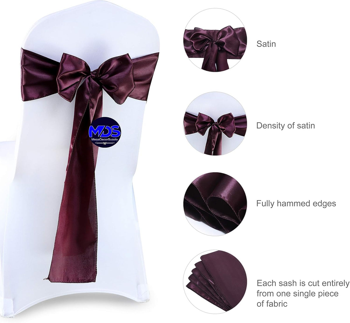 MDS Pack of 125 PCS Satin Chair Sashes Charmeuse Sateen Dining Chair Bows Ribbon Ties Back Sash for