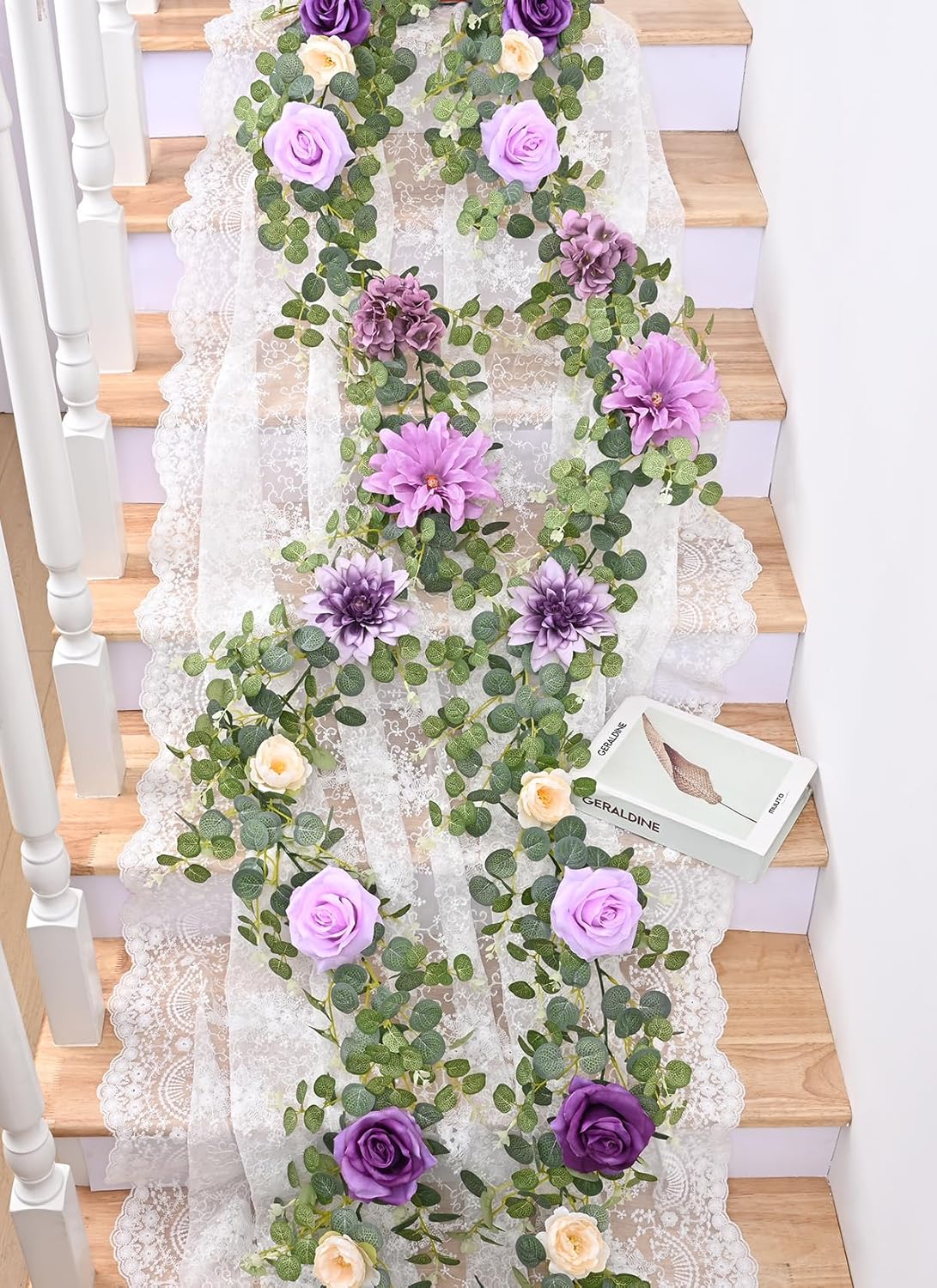 Waipfaru Flower Garland, 6.07Ft Eucalyptus Garland with Flowers, Silk Rose Floral Vines for Wedding