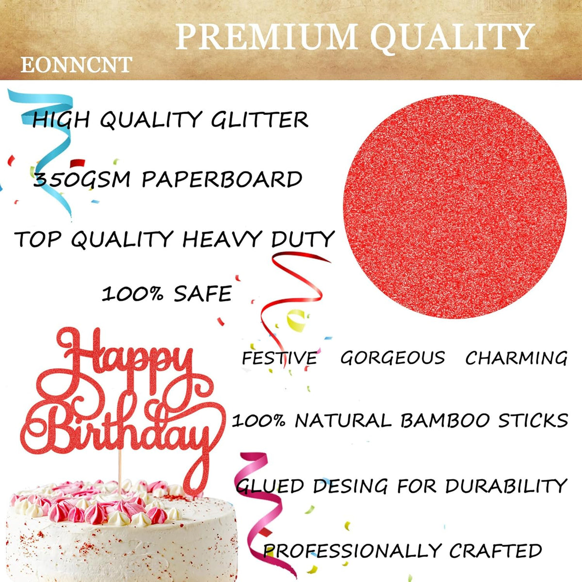 Happy Birthday Cake Topper - Red Glitter Birthday Party Cake Decoration Supplies - Happy Birthday