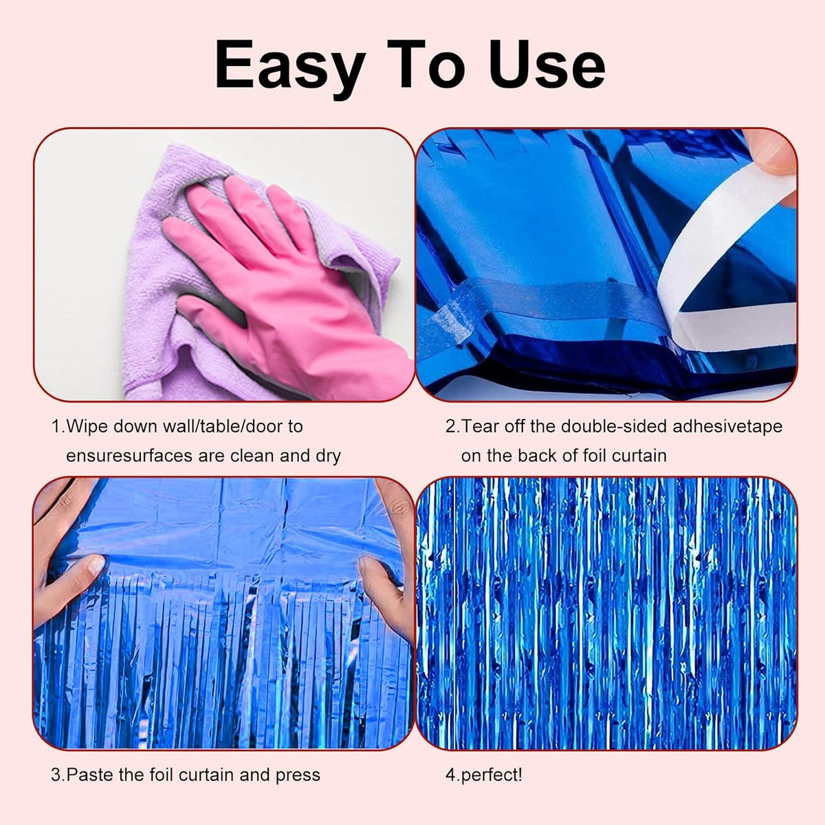 2 Pack 3.28 ft x 6.56 ft Blue Tinsel Curtain Party Backdrop Decorations, Metallic Foil Fringe
