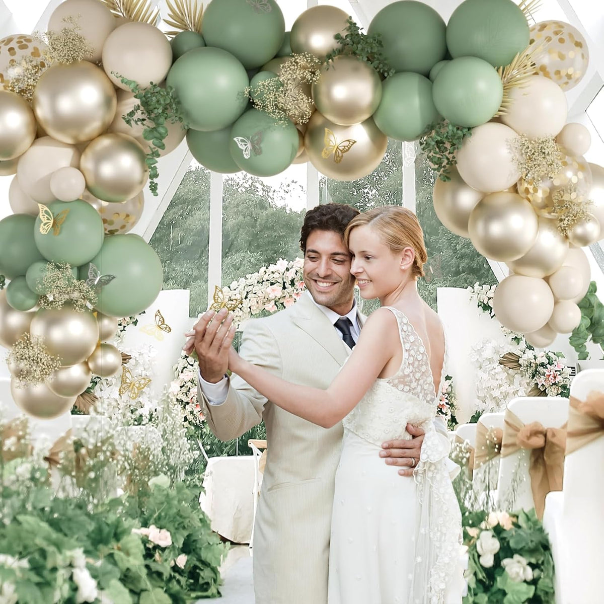 Sage green Balloons, 60pcs 12inch Sage green Sand White Metallic Gold Confetti Balloons for Boho