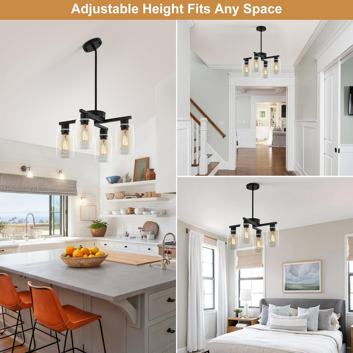 4-Light Modern Farmhouse Black Chandelier, Dining Room Light Fixture Over Table Adjustable Height