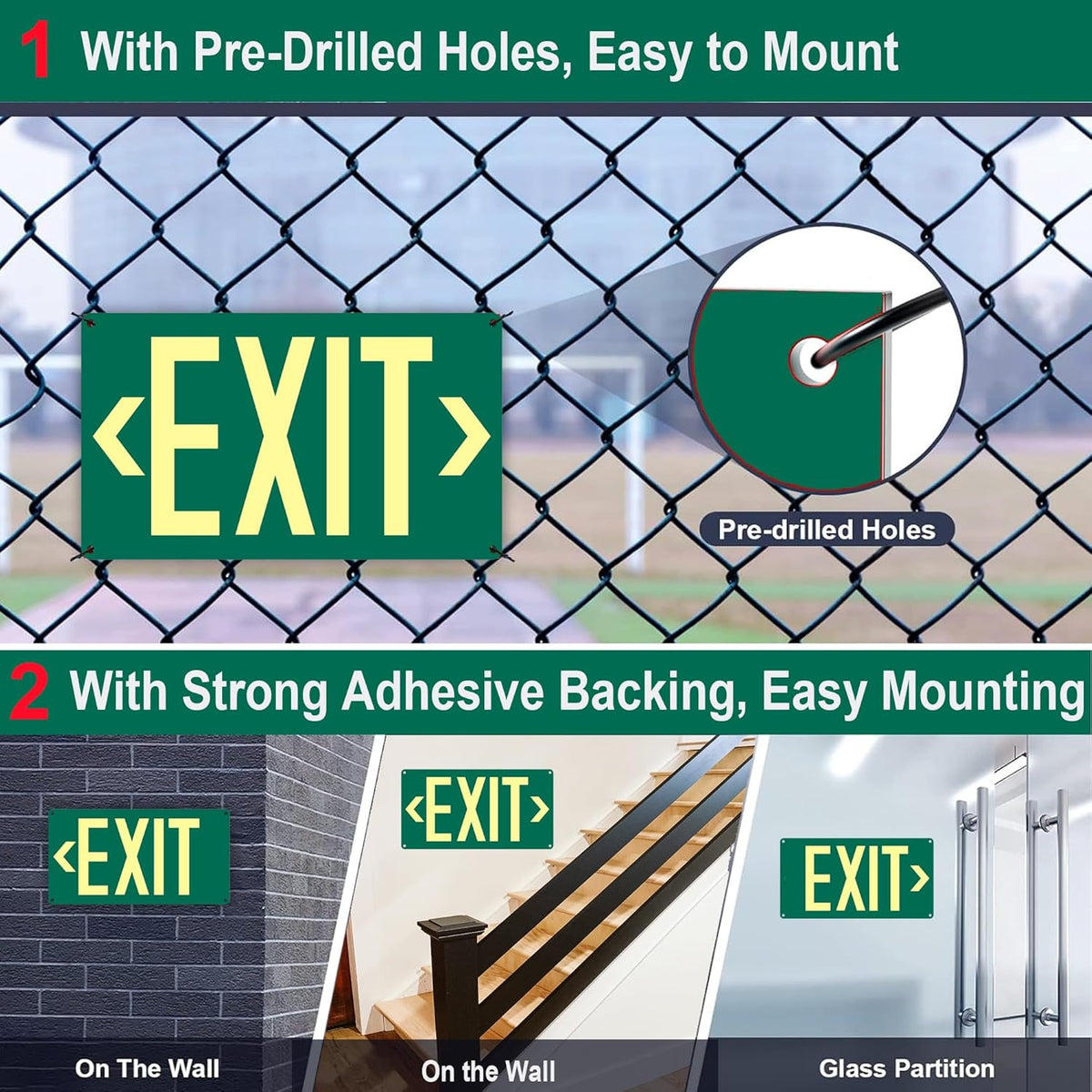 2Pack Photoluminescent Exit Sign Green - 14.25"x 7.5" Aluminum Glow In The Dark- Adhesive Backing