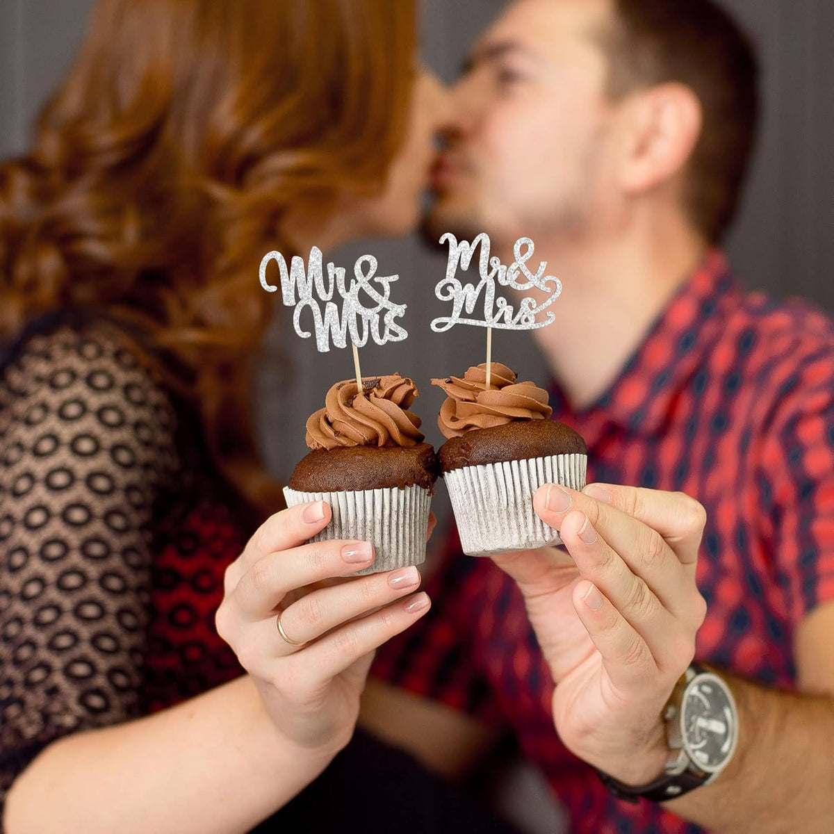 Gyufise 36Pcs Silver Glitter Mr & Mrs Cupcake Toppers Love Cake Decoration Picks for Wedding &