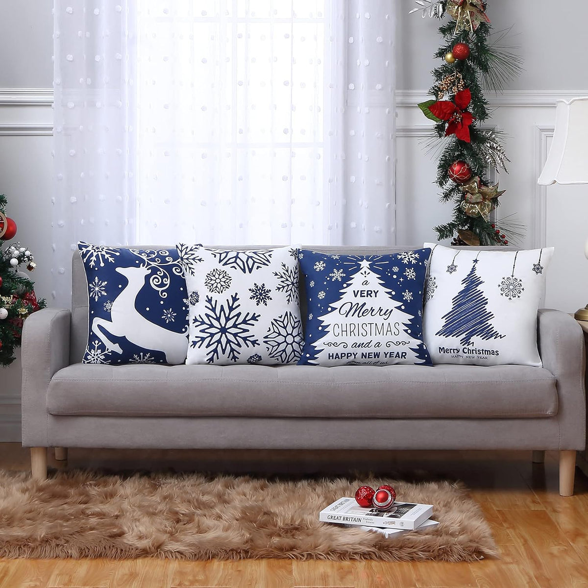 Christmas Pillow Covers 20X20 Set of 4 Navy Blue white Christmas Decorations Merry Christmas