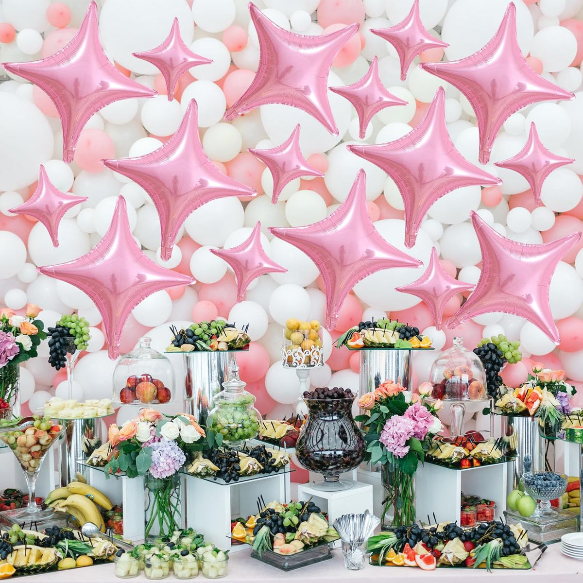 16 Pcs Pink Star Balloons 26 Inch and 10 Inch Four Angle Star Foil Balloons Set for Birthday Baby