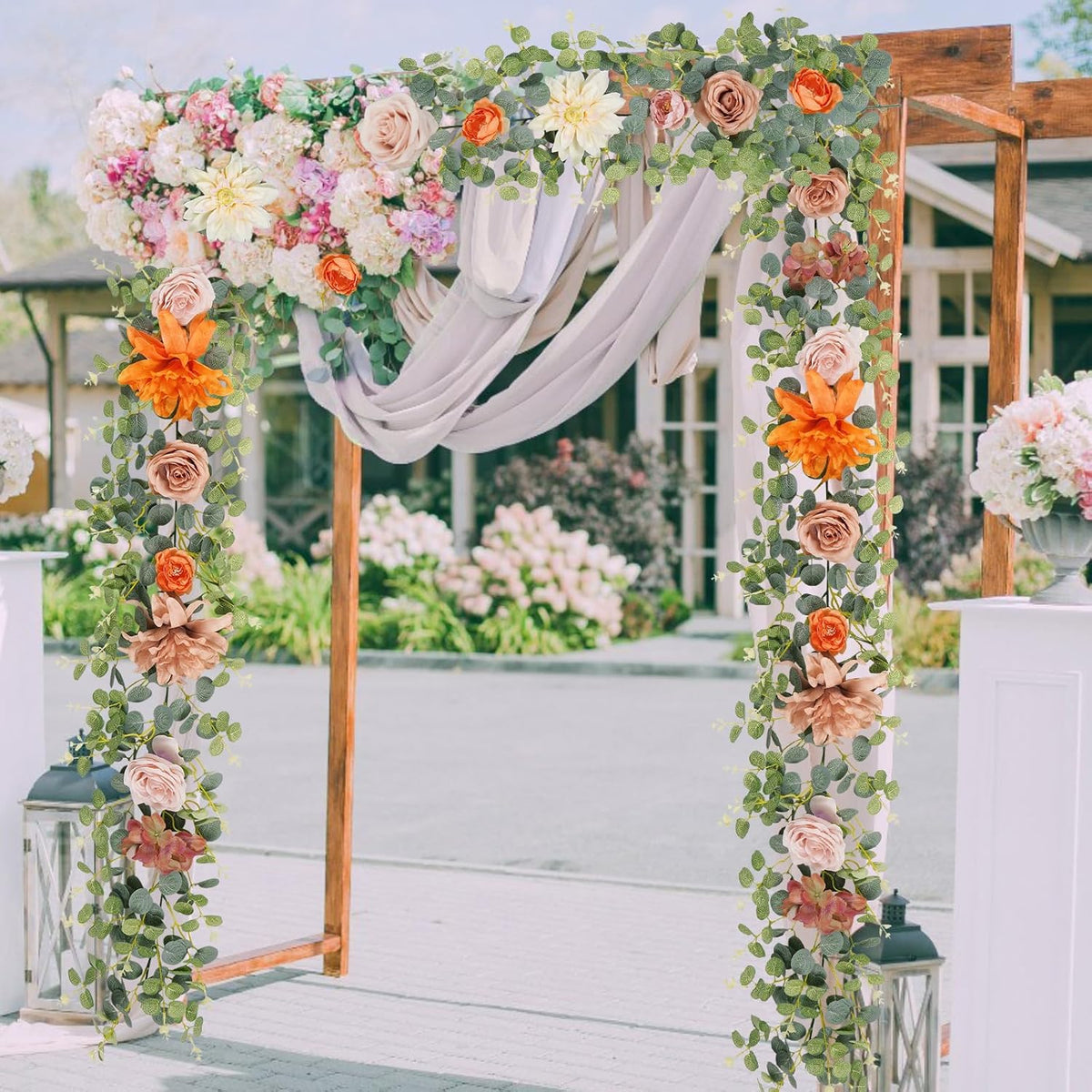 Waipfaru Fall Garland Decor, 6.07Ft Eucalyptus Flower Garland with Terracotta Flowers for Wedding