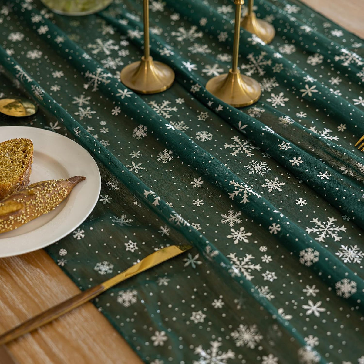 Silvery Snowflake Metallic Print Tulle Christmas Table Runner, Seasonal Winter Kitchen Dining Table
