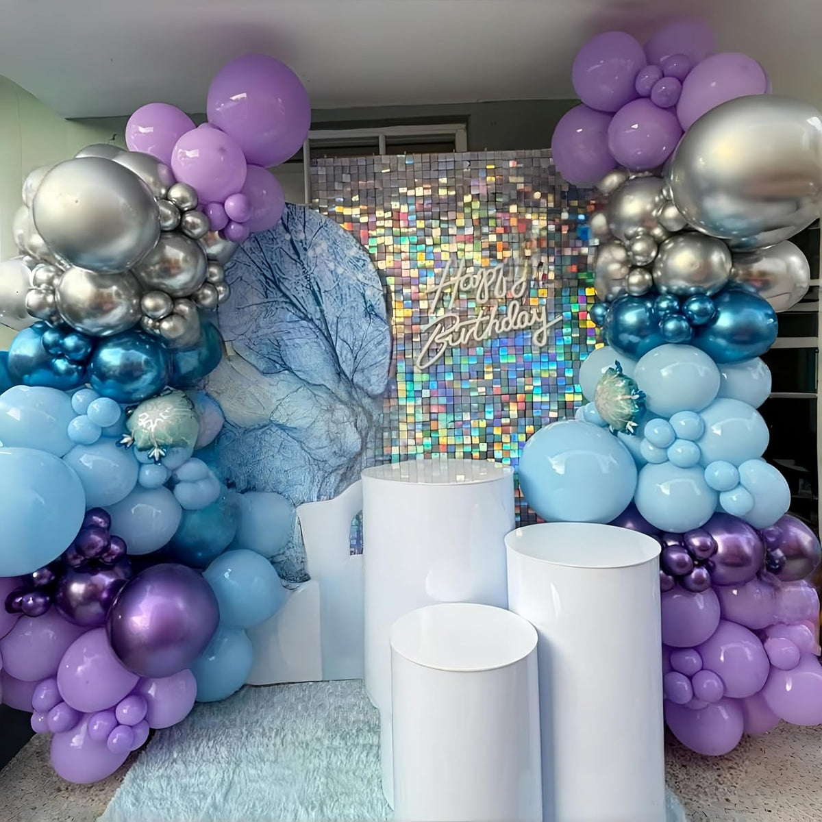 Snowflake Balloons, Pastel Blue Metallic Purple Silver Balloon with Snowflake Latex Balloons