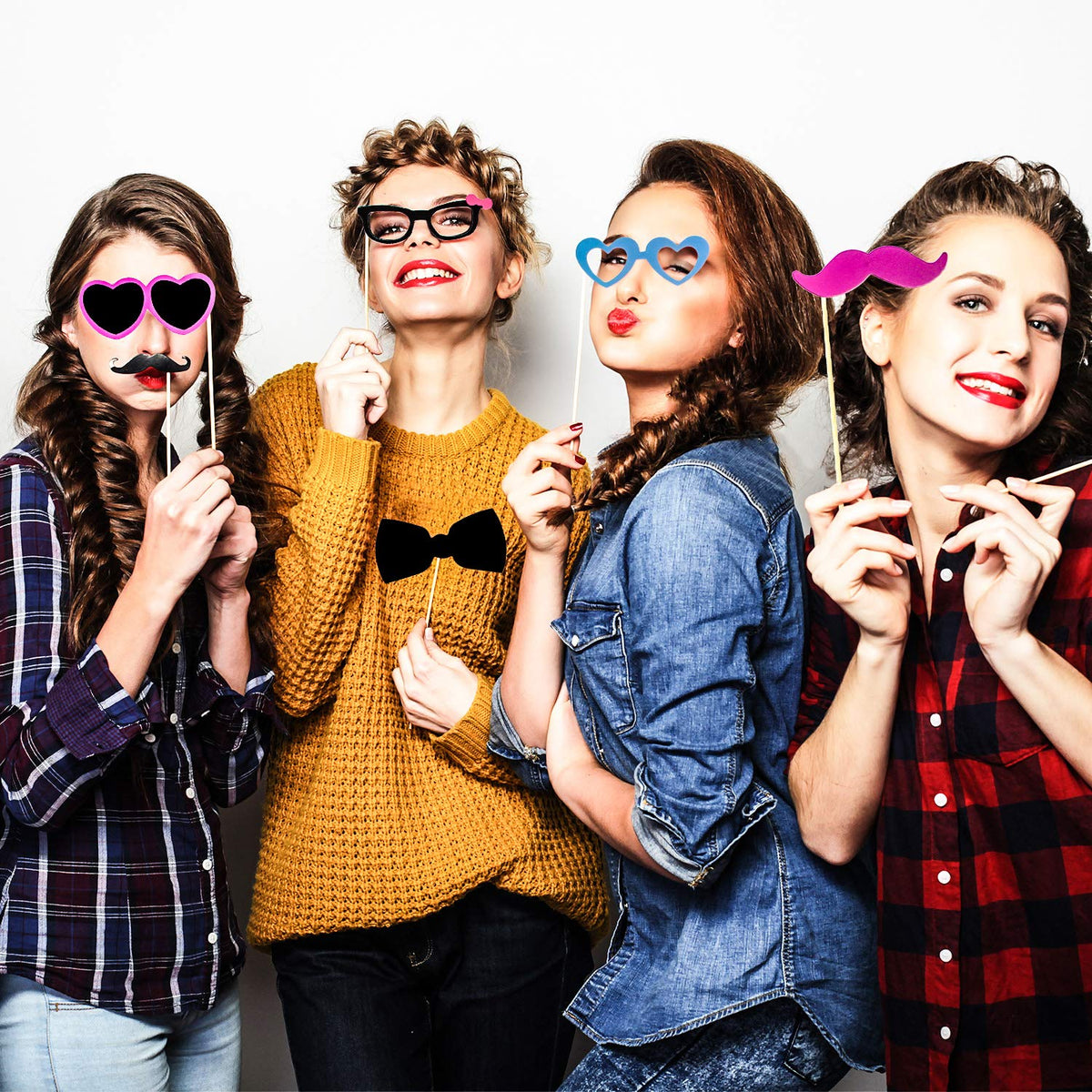 Gejoy 60 Pcs Photo Booth Props DIY Kit Funny Selfie Props Accessories for Grad Wedding Prom Party