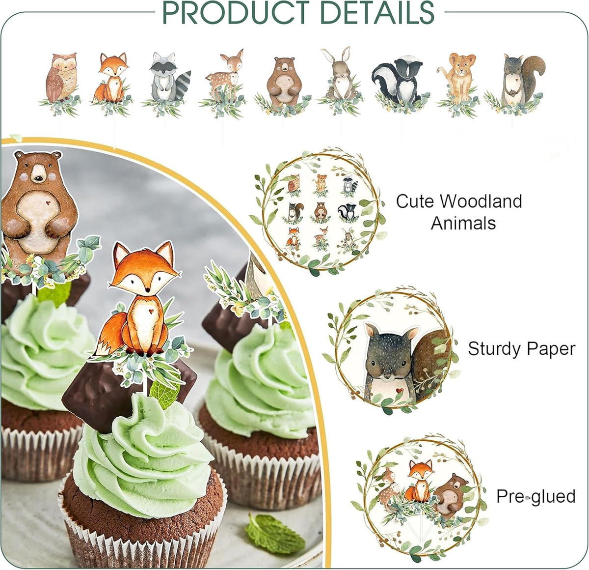 54-Piece Woodland Animal Cupcake Toppers – Neutral Forest Creatures Cake Picks for Baby Shower &