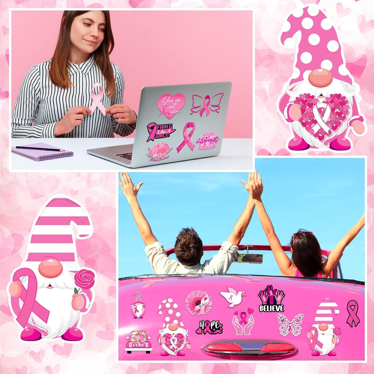 Xuhal 25 Pcs Breast Cancer Awareness Magnets Decoration Pink Gnome Ribbon Butterfly Flower Love
