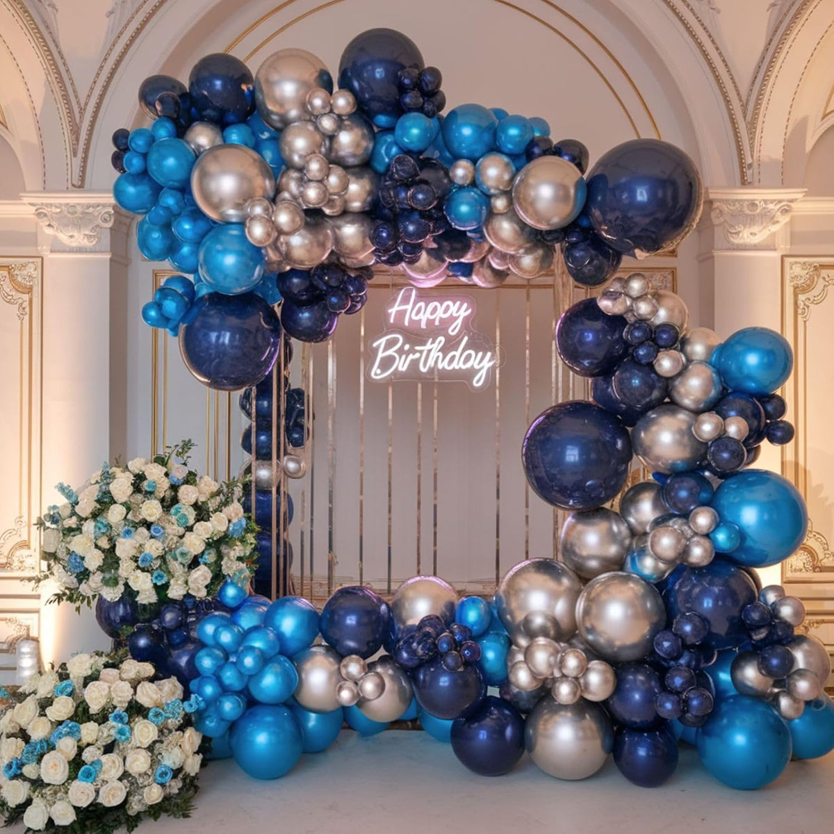 Blue and Silver Balloons, 12 Inch Navy Blue Balloons, Pearl Blue Metallic Silver Confetti Balloon