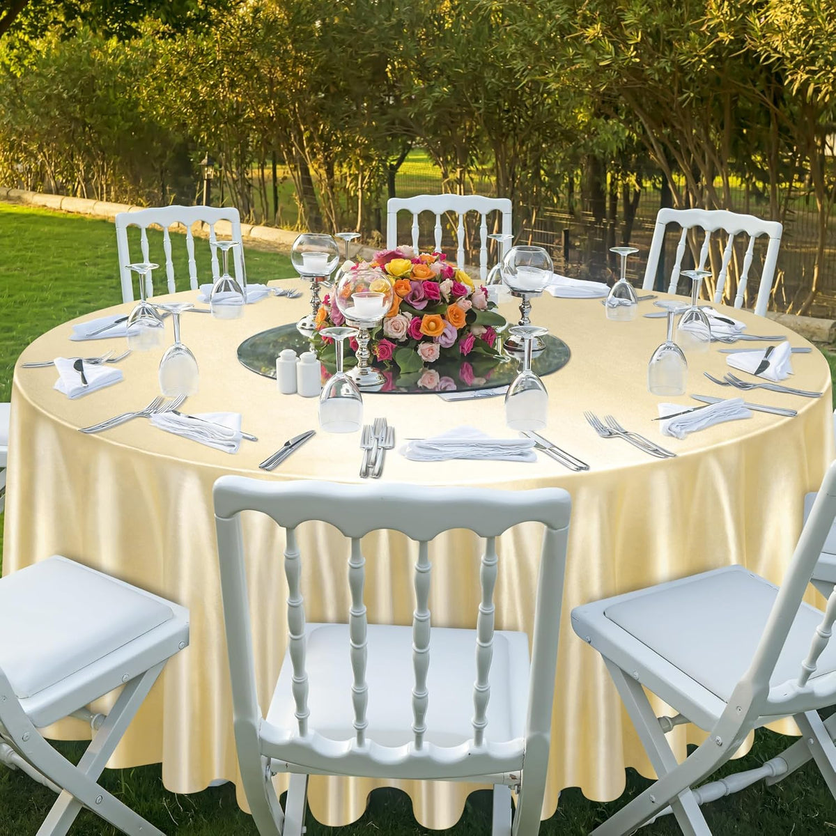 Ruisita 120 Inches Round Satin Tablecloths Champagne Overlay Round Satin Table Cover Bright Silk