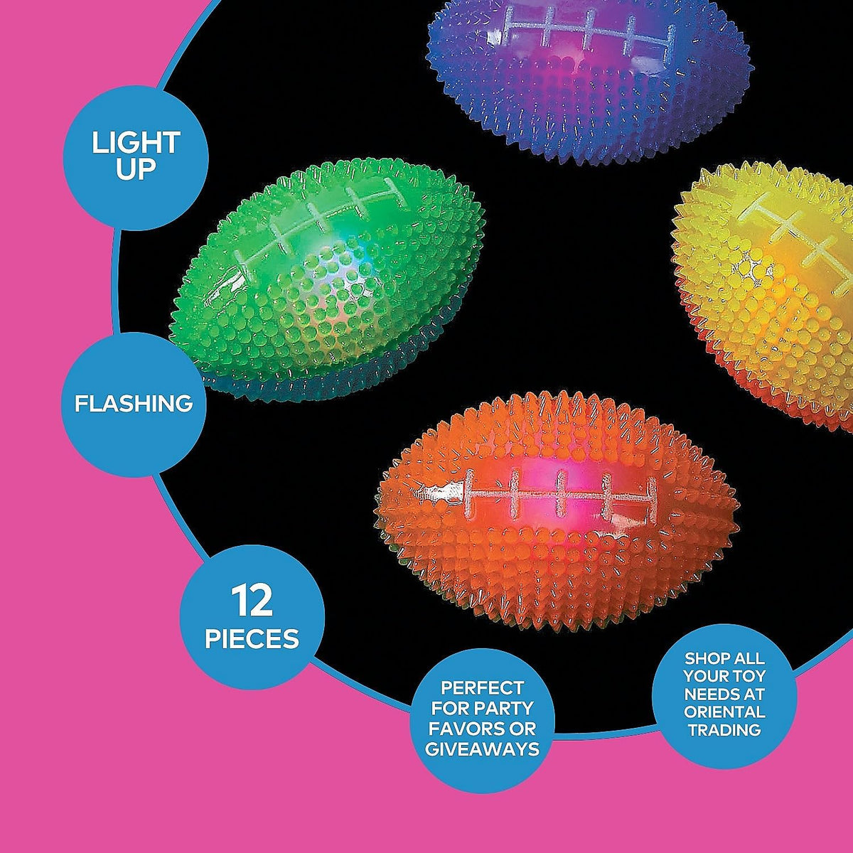 Fun Express Light Up Mini Footballs Bulk Set of 12 - Glow in Dark Rubber Football Toys for Kids