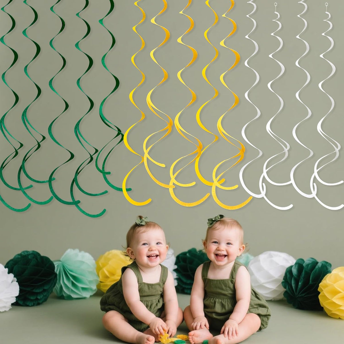 36 Pcs Green Yellow White Hanging Swirl Decorations Felt Swirl Streamer Spiral Ceiling Garland