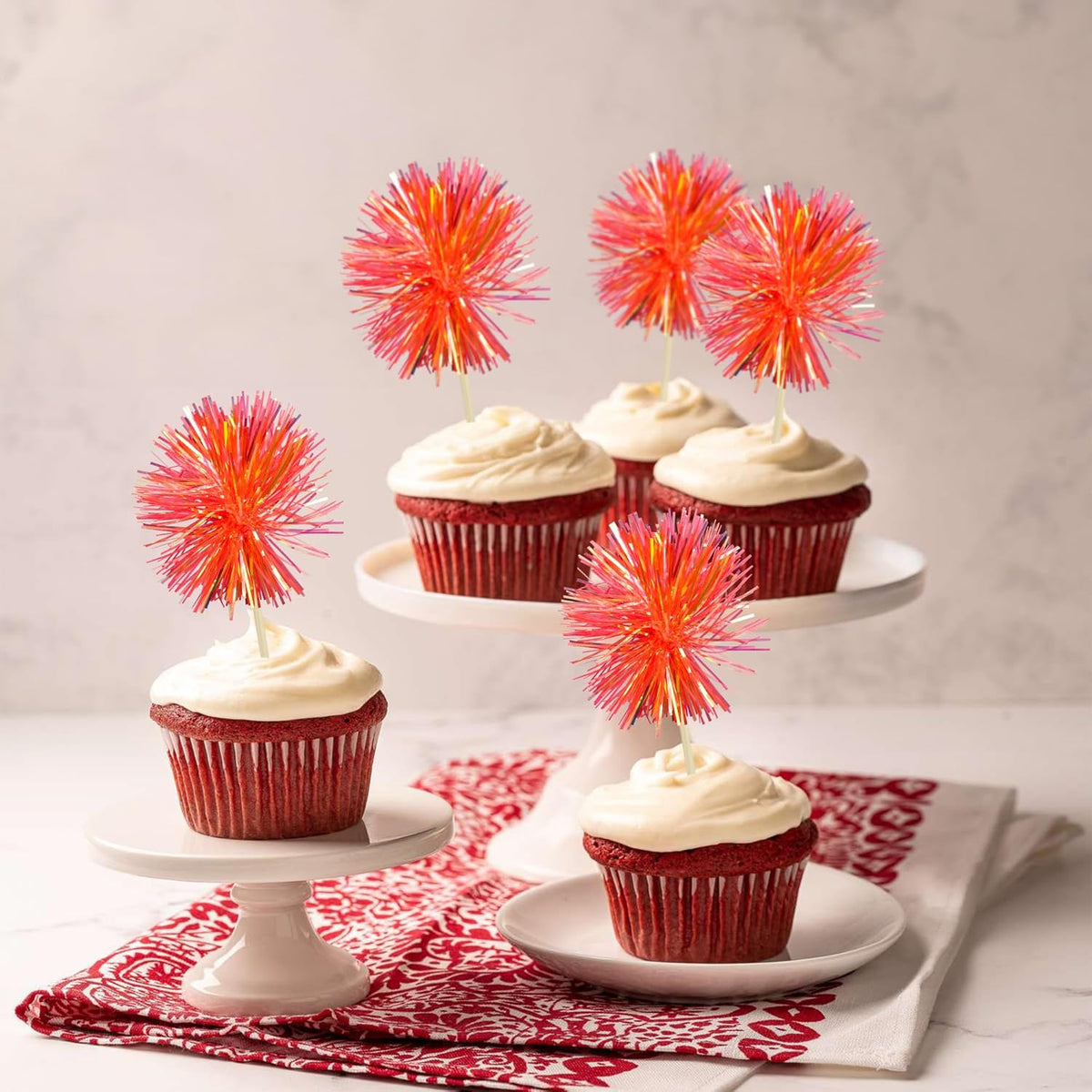 Gyufise 30Pcs Foil Firework Cupcake Toppers Sparkle Tinsel Cake Toppers Tinsel Drink Cake