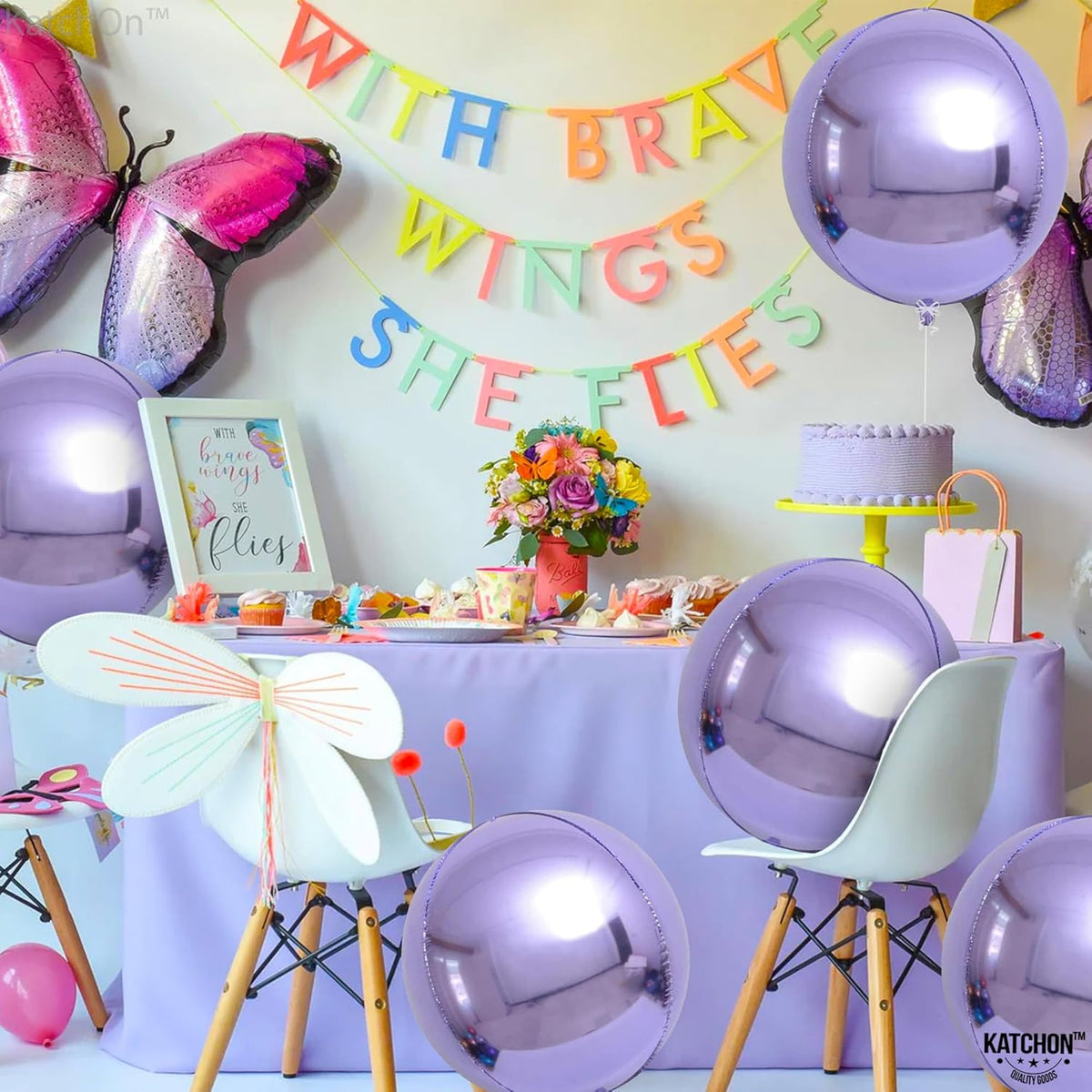 KatchOn, Big Purple Mylar Balloons - 22 Inch, Pack of 6 | Round 4D Metallic Lavender Balloon for
