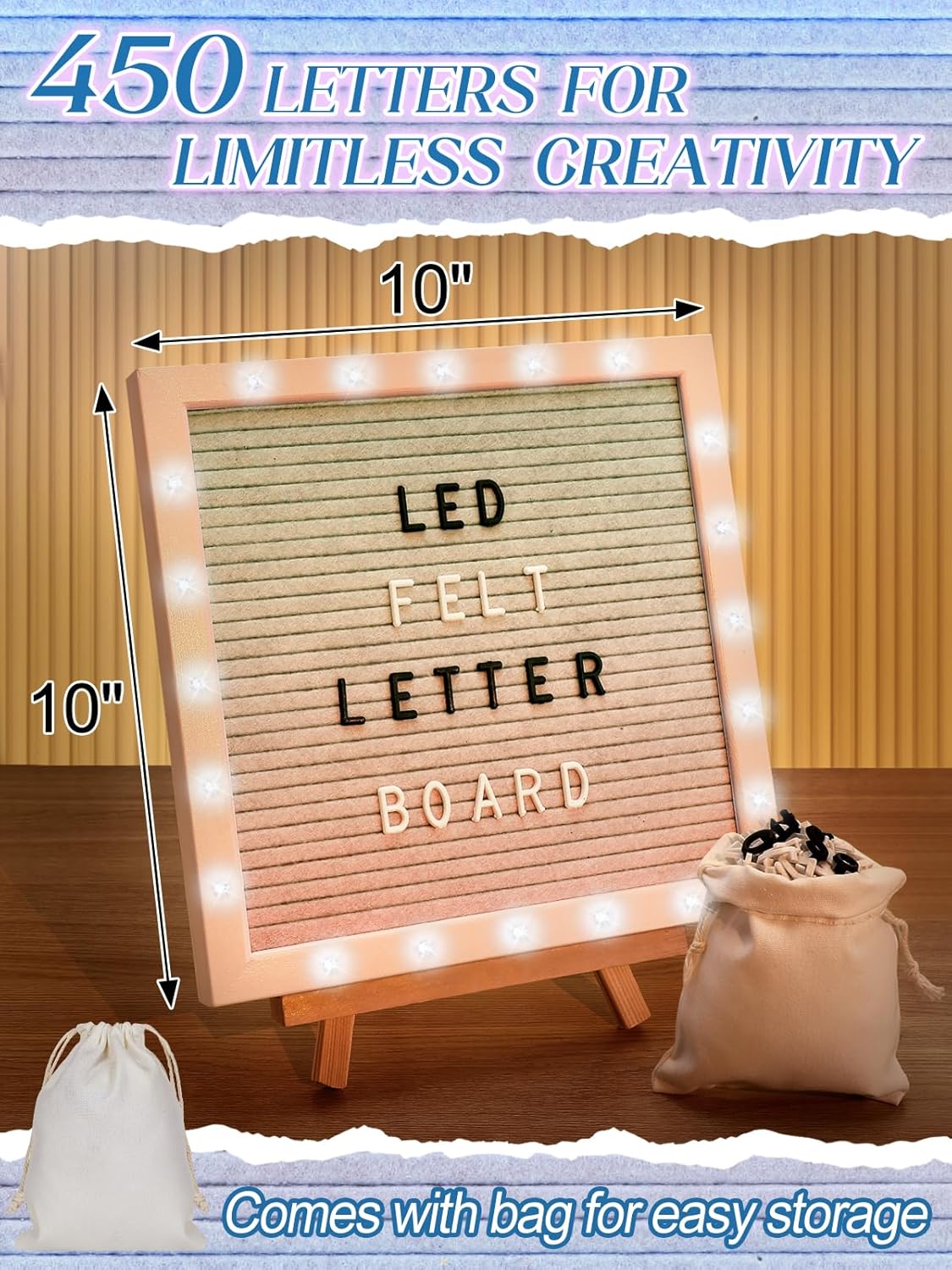 Light up Changeable Felt Letter Board Sign with LED Lights - 10×10" Message Board & Wood Stand &