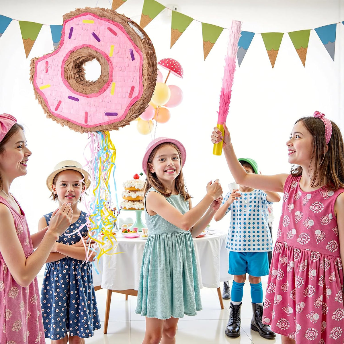 WERNNSAI Donut Piñata - Pink Donut Pinata with String Birthday Partyn Decorations Piñata with Stick