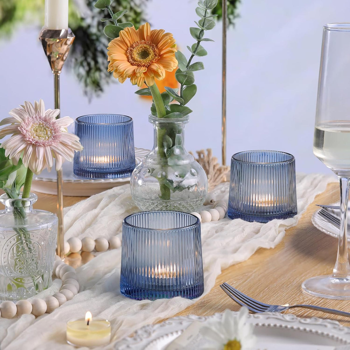 DARJEN Blue Ribbed Tealight Votive Candle Holders Set of 10- Votive Candle Holders for Table