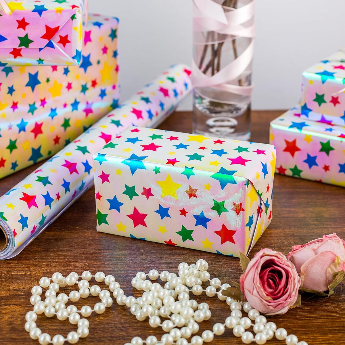 Burymento Holographic Pink Star Gift Wrapping Paper for Birthday, Valentines, Mothers day
